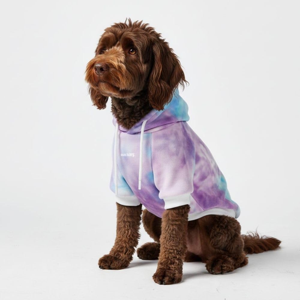 Spark Paws dog hoodie front view on a pet showcasing the 90s retro sky dye design.