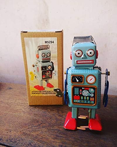 CHIMUYU mechanical vintage tin toy robot with included winding key inserted in the back