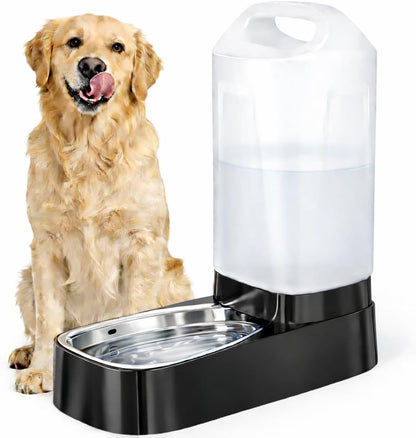 Lesotc automatic dog water bowl dispenser front view showcasing the large transparent barrel and stainless steel bowl.