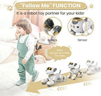 Side profile of Fuuy robot dog toy showing remote control