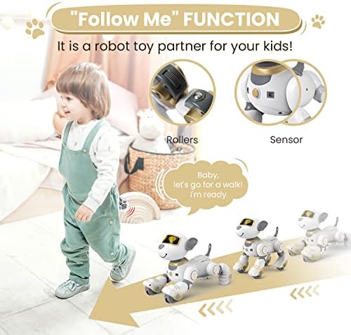 Side profile of Fuuy robot dog toy showing remote control
