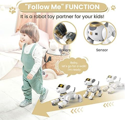 Side profile of Fuuy robot dog toy showing remote control