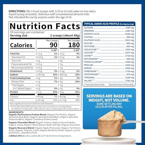 Plant-based sport protein powder chocolate 19 servings USDA Organic Non-GMO verified