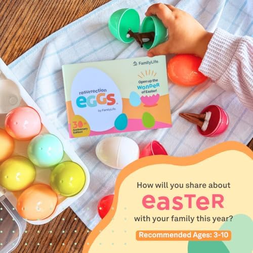 Twelve colorful plastic Easter eggs arranged in an egg carton with religious figurines