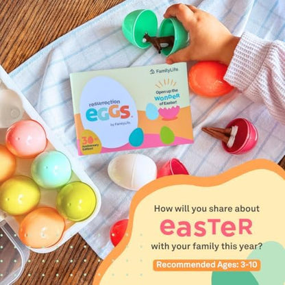 Twelve colorful plastic Easter eggs arranged in an egg carton with religious figurines