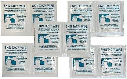 Individual foil pouch of Skin-Tac adhesive wipe for travel convenience