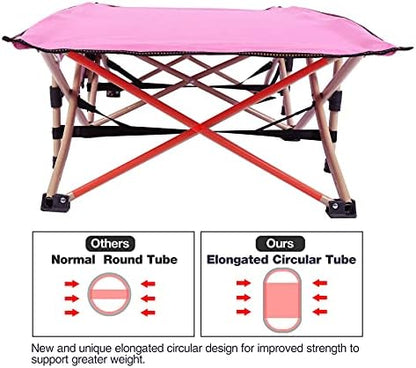 Close up of the removable pink pearl cotton mattress pad on the REDCAMP kids cot