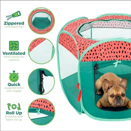 Furhaven Portable Dog Playpen Cat Tent, Pet Playground,Kennel Foldable Indoor Outdoor Zippered Puppy Crate - Green & Pink, Medium - Image 4