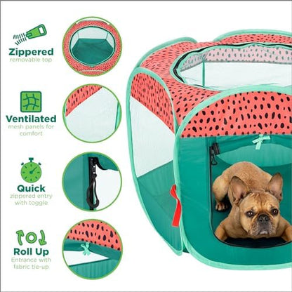 Furhaven Portable Dog Playpen Cat Tent, Pet Playground,Kennel Foldable Indoor Outdoor Zippered Puppy Crate - Green & Pink, Medium - Image 4