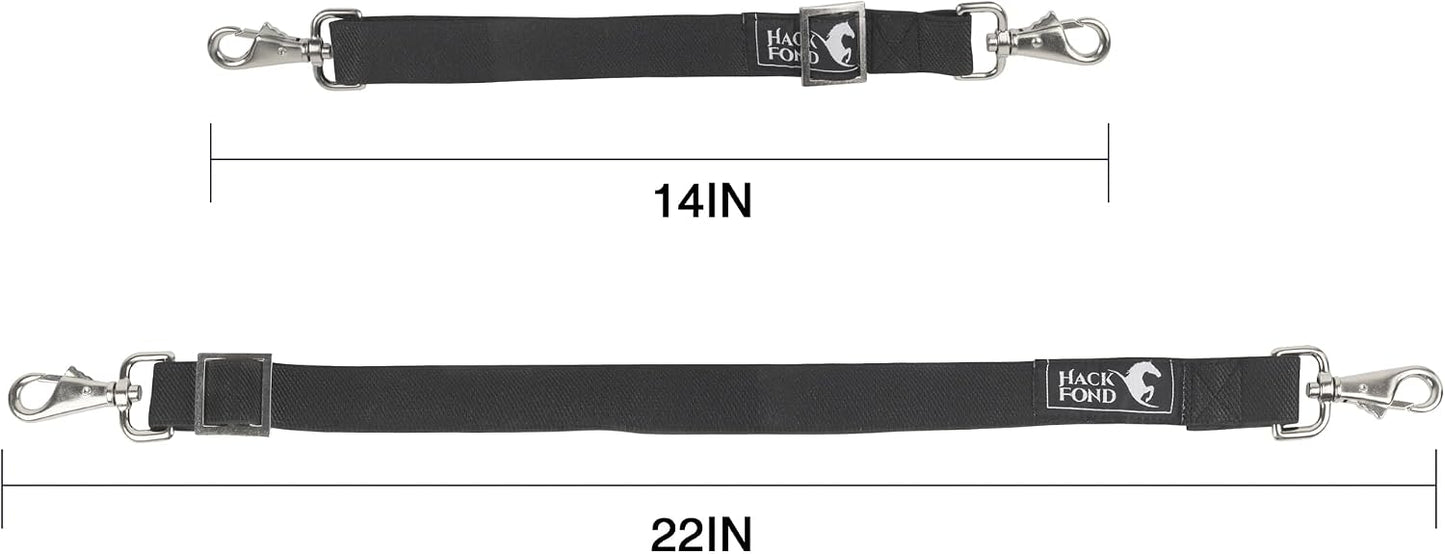 HackFond equestrian replacement hardware showing two durable black elastic surcingle belly straps flatly laid out.