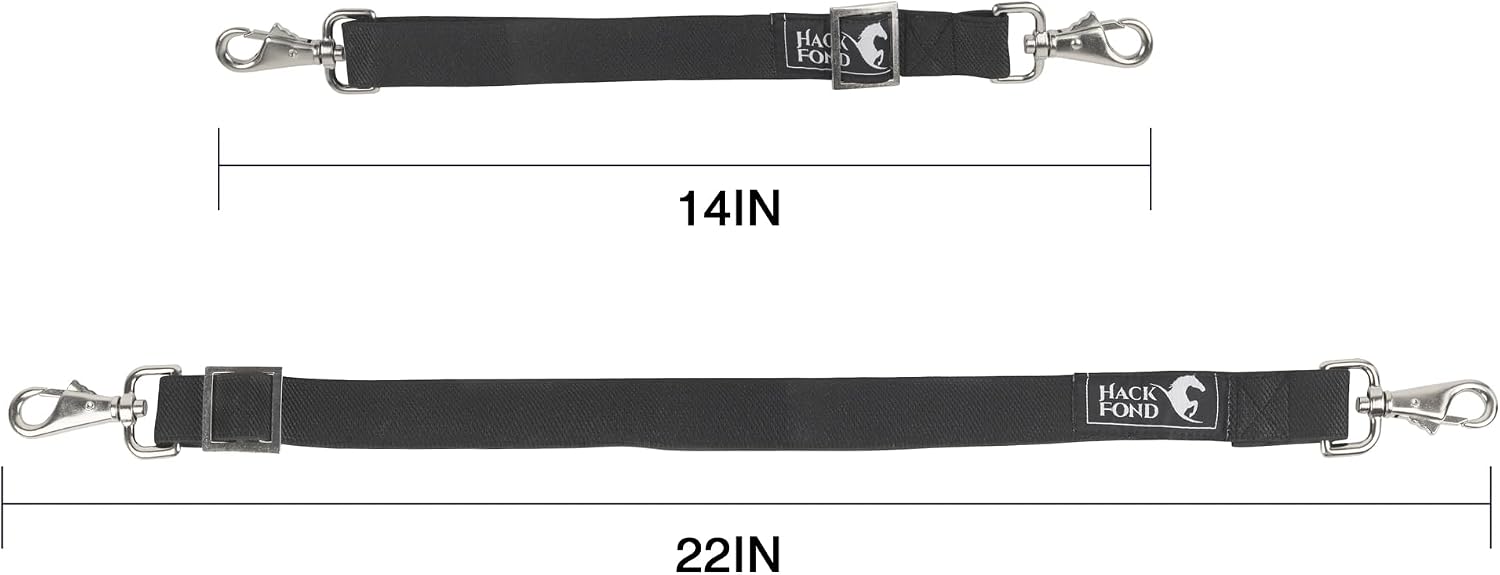 HackFond equestrian replacement hardware showing two durable black elastic surcingle belly straps flatly laid out.