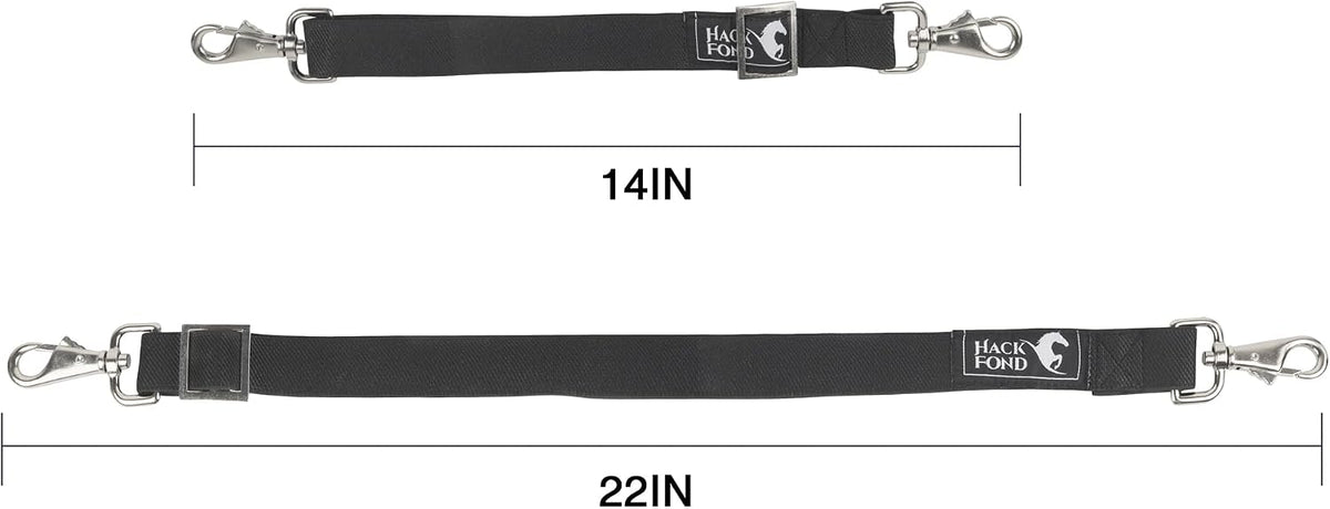 HackFond equestrian replacement hardware showing two durable black elastic surcingle belly straps flatly laid out.
