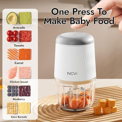 NCVI baby food grinder set showcasing included storage containers and silicone freezer trays