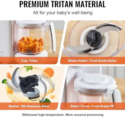 Side view of VEVOR baby food steamer processor on a modern kitchen countertop.