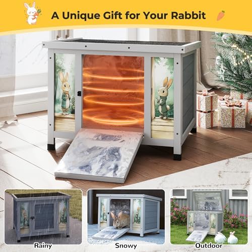 Coziwow 25" Insulated Cat House Bunny Hutch for Outdoor & Indoor Use - Solid Wood Rabbit Cage with Winter Warm Liner, Lightweight Weatherproof Shelter for Cats, Rabbits, Small Animals (Gray) - Image 5