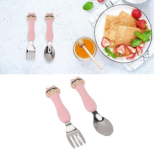 Toddler friendly stainless steel fork and spoon with pig handle