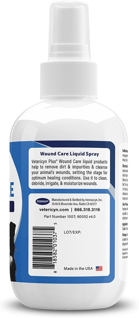 Back label of Vetericyn Plus antimicrobial wound cleanser showing ingredients and hypochlorous acid details