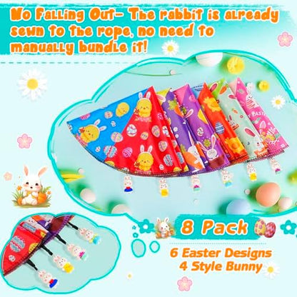 Detailed shot of open plastic easter eggs revealing preassembled bunny parachute toys.