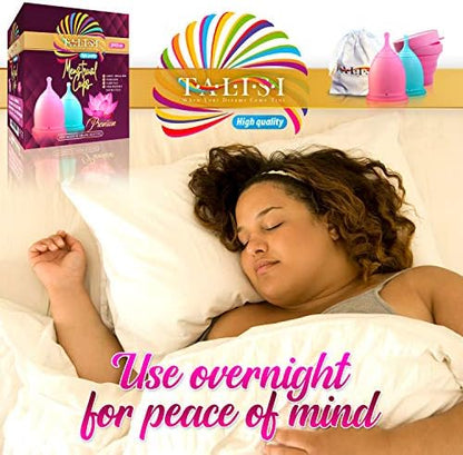 Authentic Talisi reusable period cups for 12 hour leak proof wear.