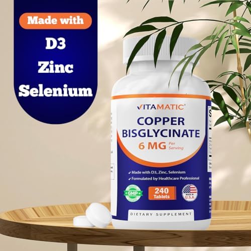 Vitamatic copper tablets supplement facts label displaying zinc and selenium dosages