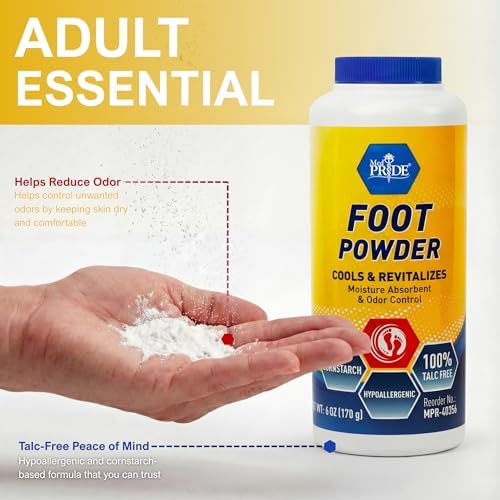 Talc free cornstarch foot powder for sweat absorption and dry feet.