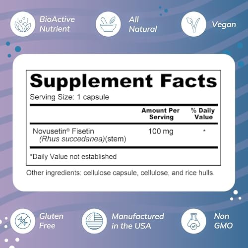Novusetin Fisetin 100mg supplement supplement facts label showing pure ingredients.
