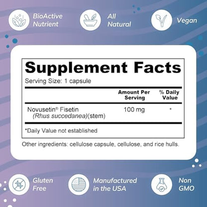 Novusetin Fisetin 100mg supplement supplement facts label showing pure ingredients.