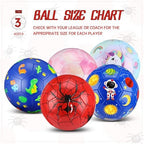 Side angle view of the machine stitched seven inch spider theme soccer ball for children