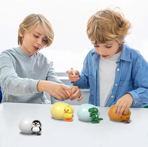 Demonstration of a child twisting the reusable clockwork base mechanism of the surprise egg.