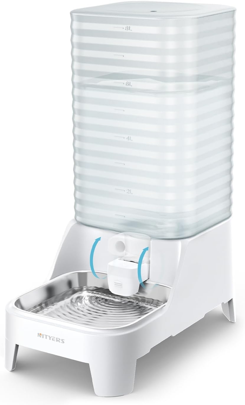 Nityers automatic dog water bowl dispenser front view showcasing the clear vertical striped tank and stainless steel bowl.