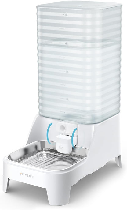Nityers automatic dog water bowl dispenser front view showcasing the clear vertical striped tank and stainless steel bowl.