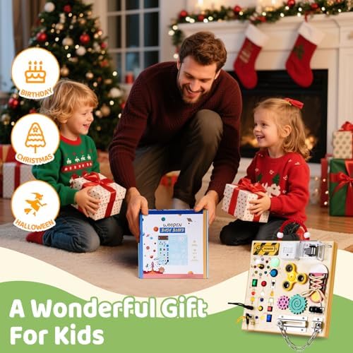 GNAYUIJ Montessori activity board being used by a child as an engaging screen free travel toy option.