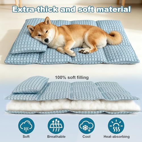 GOLOPET non toxic ice silk dog mat being placed inside a large pet crate