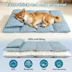 GOLOPET non toxic ice silk dog mat being placed inside a large pet crate
