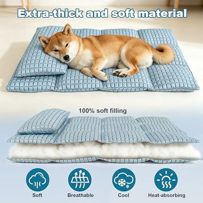 GOLOPET non toxic ice silk dog mat being placed inside a large pet crate
