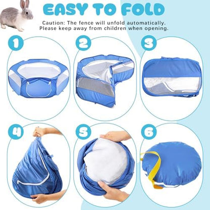 Small Animal Playpen & Grooming Kit, Portable Foldable Pet Playpen with Mesh Top for Rabbits, Guinea Pigs, Hamsters, Hedgehogs, Includes Feeding Bowls, Grooming Tools, and Bedding Mat, Blue - Image 5