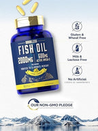 Side profile of Carlyle fish oil supplement bottle highlighting purity and non-GMO status