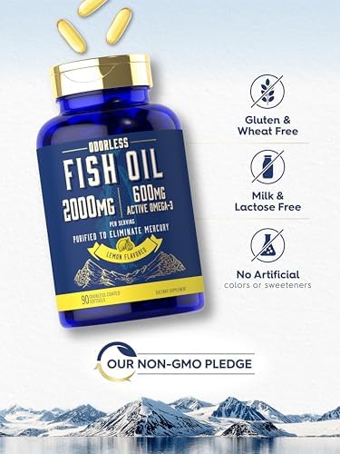 Side profile of Carlyle fish oil supplement bottle highlighting purity and non-GMO status