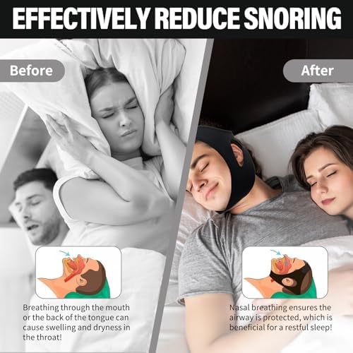 Side sleeper using black chin strap for jaw support
