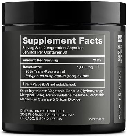 Toniiq Trans Resveratrol 1000mg supplement facts label