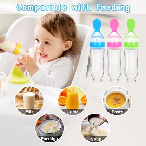 WAJIAYON four pack baby squeeze feeding spoons standing upright on a clean table using the integrated suction cup base.