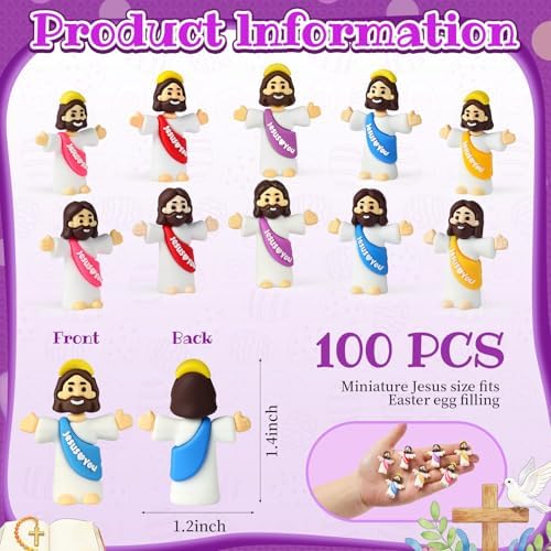 Close up view of individual mini jesus figurines featuring the stamped text message on the front sash design