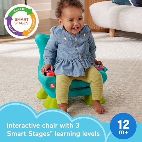 Fisher-Price electronic learning chair showing light-up pretend TV remote control and flipbook
