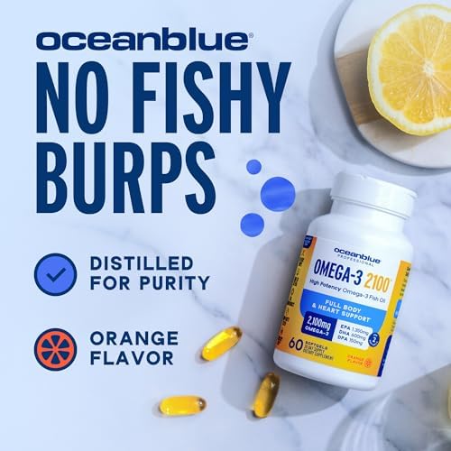 Ocean Blue Omega 3 high potency fish oil supplement supplement facts label showing EPA and DHA levels.