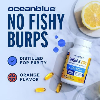 Ocean Blue Omega 3 high potency fish oil supplement supplement facts label showing EPA and DHA levels.