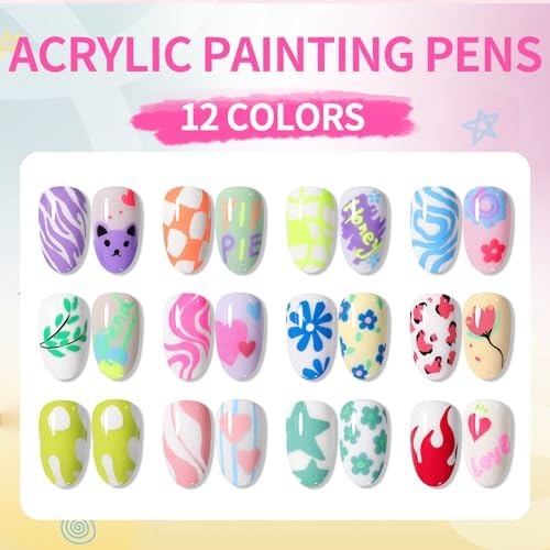 Close up of 12 color neon nail art marker tips
