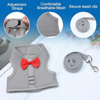 A small rabbit wearing the Barn Eleven grey vest harness safely outdoors on a walk.