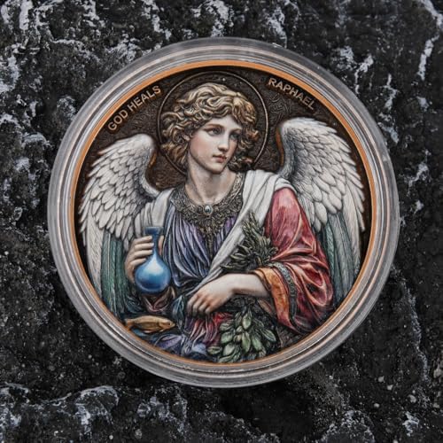 Vitoleo Saint Raphael zinc alloy token detailed close up of enamel artwork
