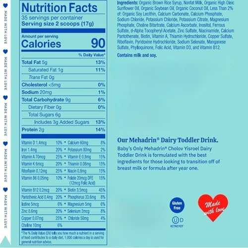 Baby's Only Organic Toddler Drink showing side nutrition facts and twenty seven vitamins panel.