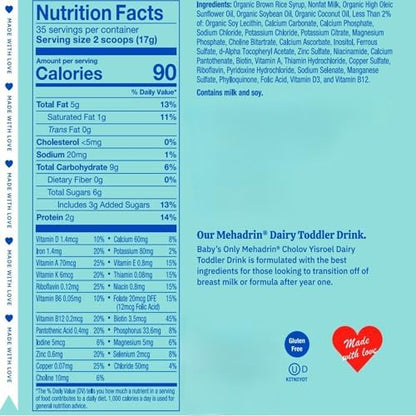 Baby's Only Organic Toddler Drink showing side nutrition facts and twenty seven vitamins panel.